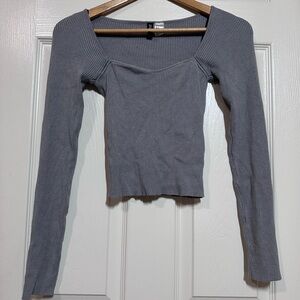 Zara Gray Long Sleeve Crop Blouse with Square Neck